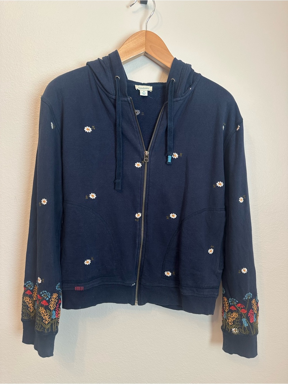 Sundance Always In Season Embroidered Daisy Navy Zip-Up Hoodie Sweatshirt